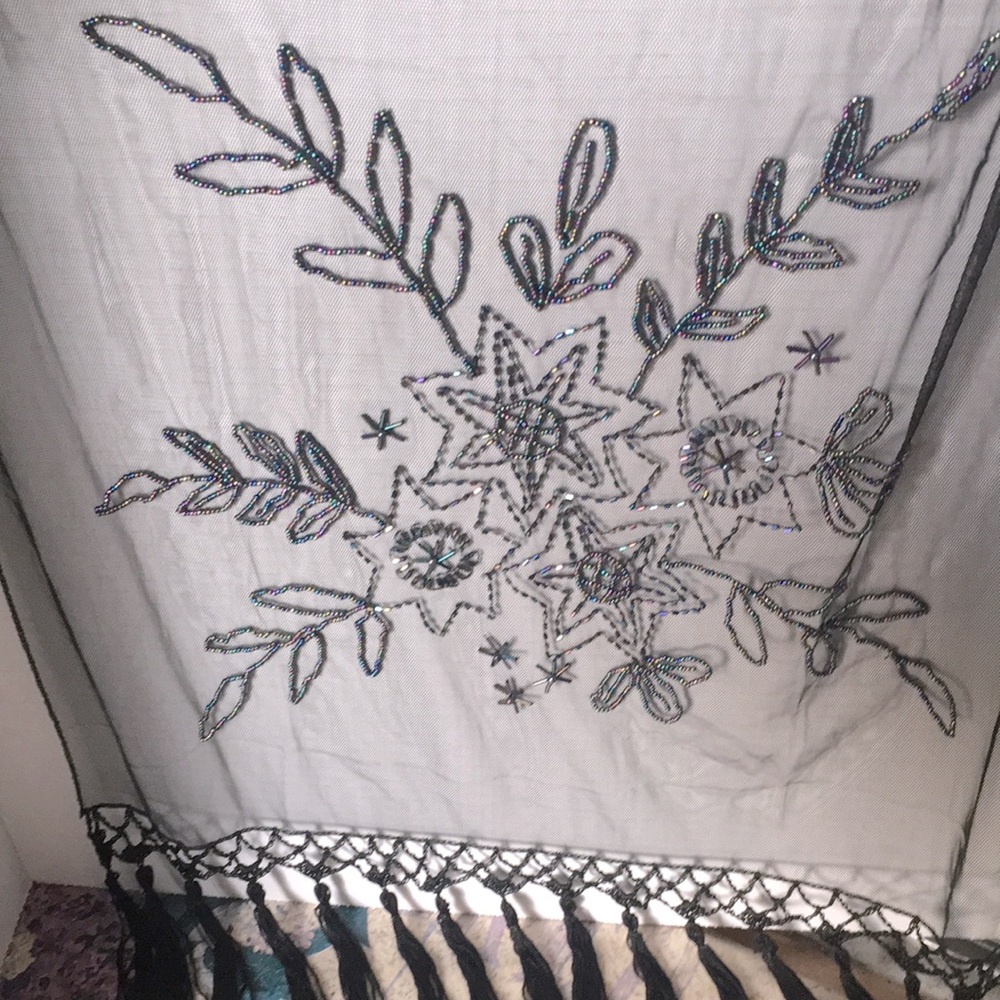 Sheer Beaded Fringed Shawl